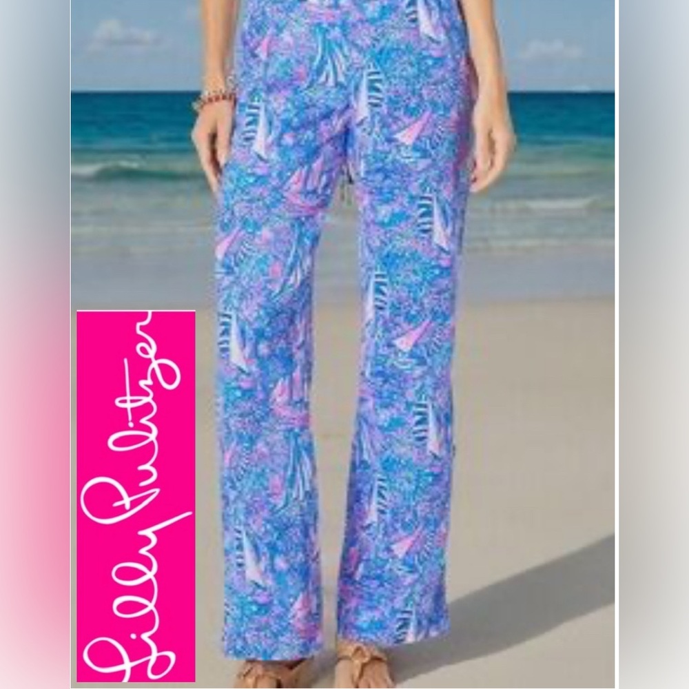 LILLY PULITZER Deri Linen Palazzo Boca Blue Its A Sailabration Pant Size XL NWT - Picture 2 of 16